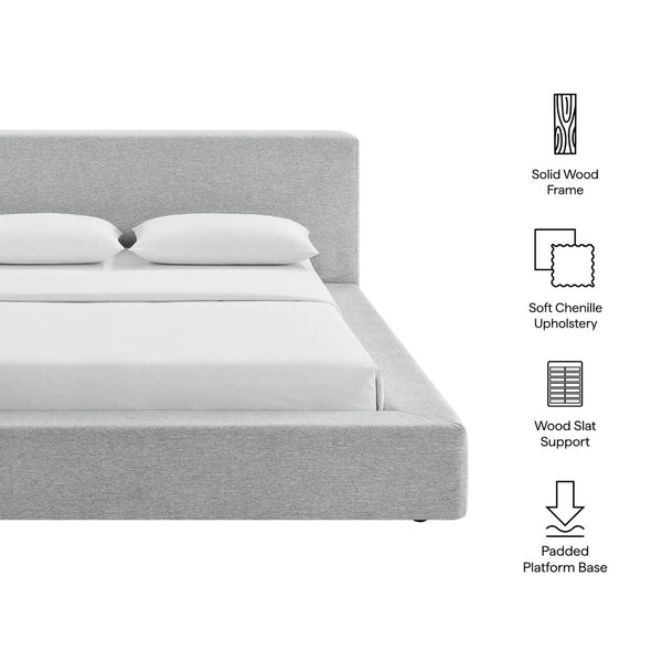 Modway Furniture Luma Chenille Queen Bed Tall Padded Headboard No Box Spring Needed Modern Bedroom Light Gray Fabric MOD-7305-HLG