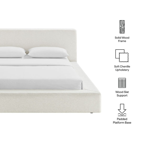 Modway Furniture Luma Chenille Upholstered King Bed Padded Headboard Low Profile Modern Frame Ivory Fabric MOD-7306-HEI