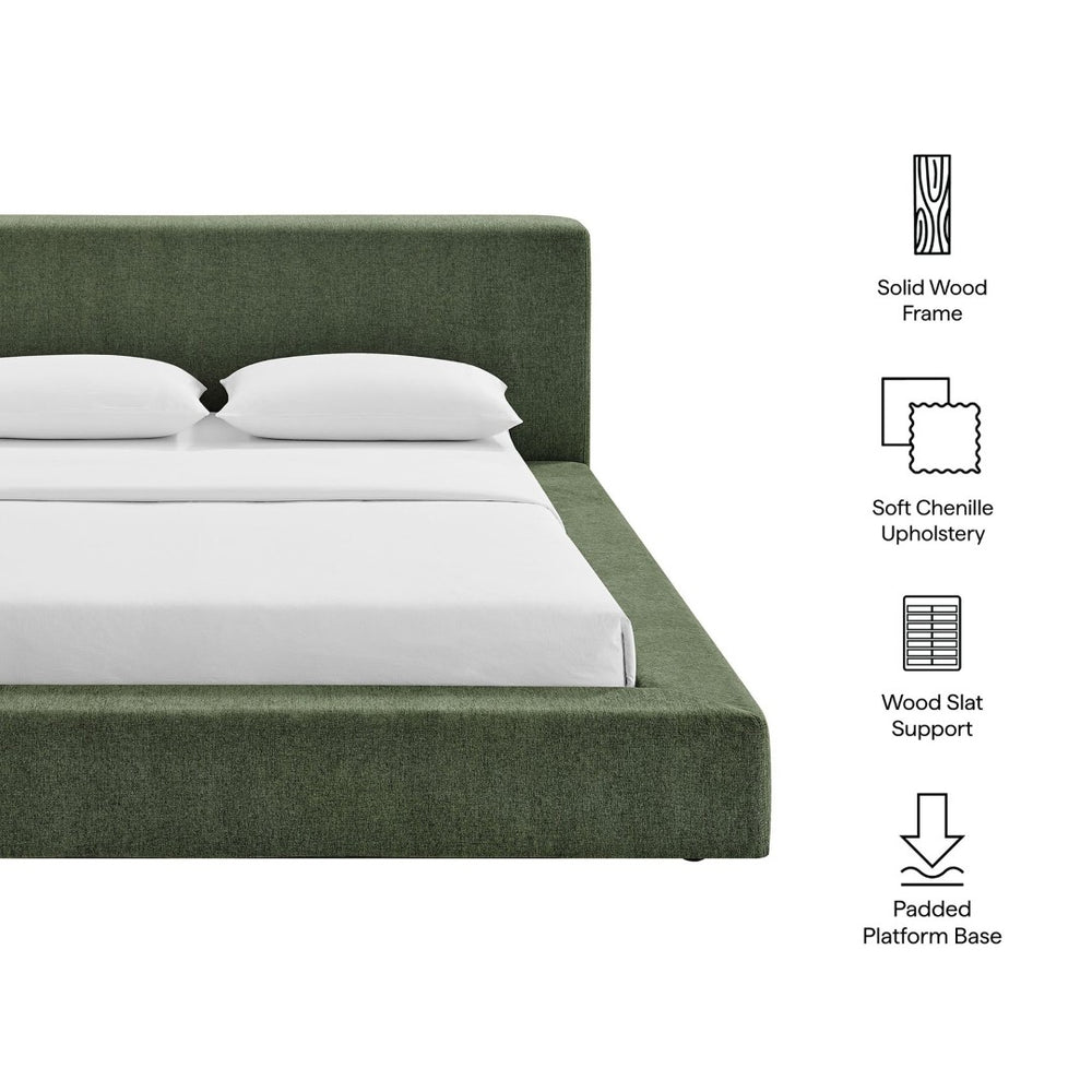 Modway Furniture Luma Chenille Queen Bed Soft Upholstered Frame with Tall Padded Headboard for Bedroom Eucalyptus MOD-7307-EUC