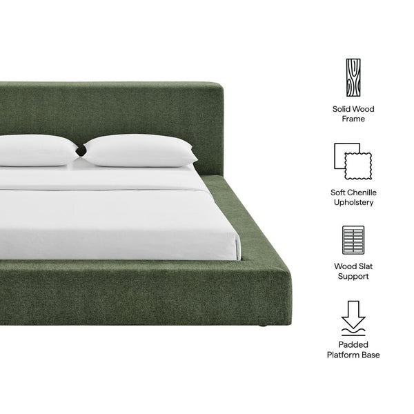 Modway Furniture Luma Chenille Queen Bed Soft Upholstered Frame with Tall Padded Headboard for Bedroom Eucalyptus MOD-7307-EUC