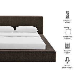 Modway Furniture Luma Chenille Queen Bed Soft Upholstered Frame with Tall Padded Headboard for Bedroom Java MOD-7307-JAV