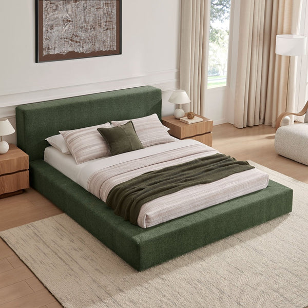 Modway Furniture Luma Chenille Upholstered King Bed Padded Headboard Low Profile Contemporary Frame Eucalyptus MOD-7308-EUC