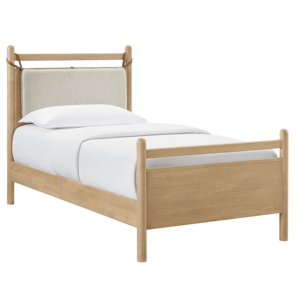 Modway Furniture Leni Twin Wood Platform Bed Fabric Panel Headboard Faux Leather Straps Warm Tones Light Oak Heathered Ivory MOD-7309-LOA-HEI