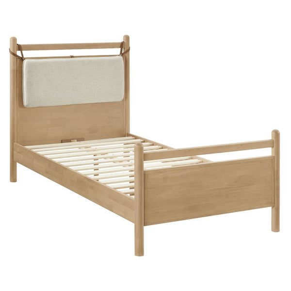 Modway Furniture Leni Twin Wood Platform Bed Fabric Panel Headboard Faux Leather Straps Warm Tones Light Oak Heathered Ivory MOD-7309-LOA-HEI