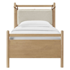 Modway Furniture Leni Twin Wood Platform Bed Fabric Panel Headboard Faux Leather Straps Warm Tones Light Oak Heathered Ivory MOD-7309-LOA-HEI