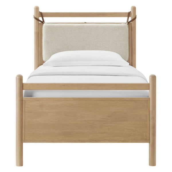 Modway Furniture Leni Twin Wood Platform Bed Fabric Panel Headboard Faux Leather Straps Warm Tones Light Oak Heathered Ivory MOD-7309-LOA-HEI