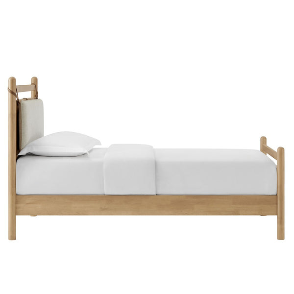 Modway Furniture Leni Twin Wood Platform Bed Fabric Panel Headboard Faux Leather Straps Warm Tones Light Oak Heathered Ivory MOD-7309-LOA-HEI