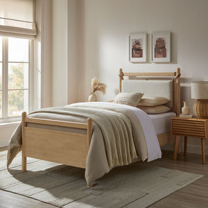 Modway Furniture Leni Twin Wood Platform Bed Fabric Panel Headboard Faux Leather Straps Warm Tones Light Oak Heathered Ivory MOD-7309-LOA-HEI