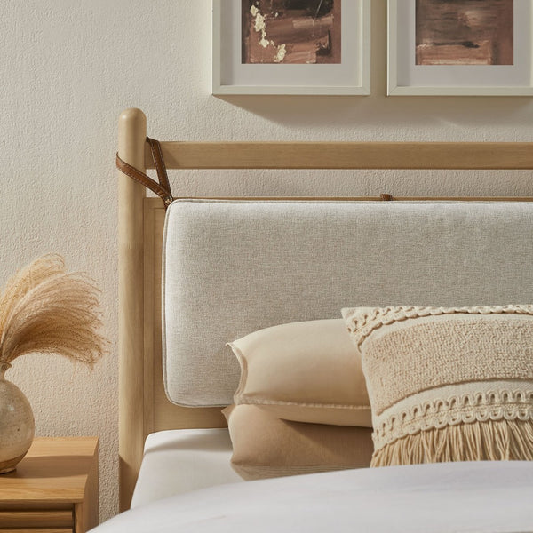 Modway Furniture Leni Twin Wood Platform Bed Fabric Panel Headboard Faux Leather Straps Warm Tones Light Oak Heathered Ivory MOD-7309-LOA-HEI