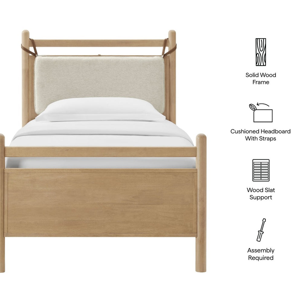 Modway Furniture Leni Twin Wood Platform Bed Fabric Panel Headboard Faux Leather Straps Warm Tones Light Oak Heathered Ivory MOD-7309-LOA-HEI