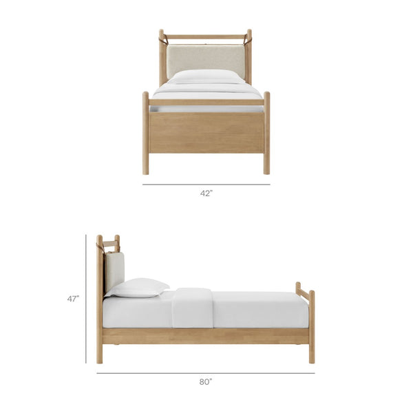 Modway Furniture Leni Twin Wood Platform Bed Fabric Panel Headboard Faux Leather Straps Warm Tones Light Oak Heathered Ivory MOD-7309-LOA-HEI