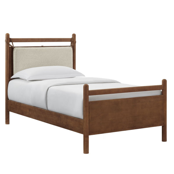 Modway Furniture Leni Twin Wood Platform Bed Fabric Panel Headboard Faux Leather Straps Warm Tones Walnut Heathered Ivory MOD-7309-WAL-HEI