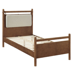 Modway Furniture Leni Twin Wood Platform Bed Fabric Panel Headboard Faux Leather Straps Warm Tones Walnut Heathered Ivory MOD-7309-WAL-HEI