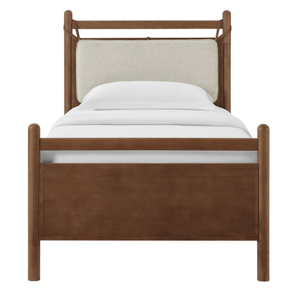 Modway Furniture Leni Twin Wood Platform Bed Fabric Panel Headboard Faux Leather Straps Warm Tones Walnut Heathered Ivory MOD-7309-WAL-HEI