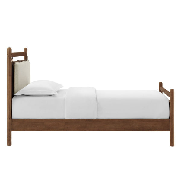 Modway Furniture Leni Twin Wood Platform Bed Fabric Panel Headboard Faux Leather Straps Warm Tones Walnut Heathered Ivory MOD-7309-WAL-HEI