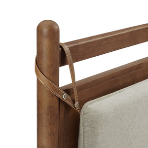 Modway Furniture Leni Twin Wood Platform Bed Fabric Panel Headboard Faux Leather Straps Warm Tones Walnut Heathered Ivory MOD-7309-WAL-HEI