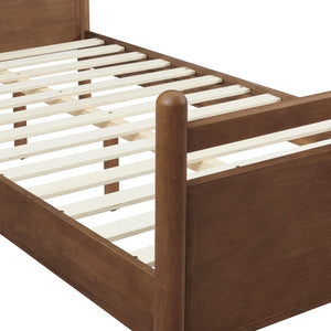 Modway Furniture Leni Twin Wood Platform Bed Fabric Panel Headboard Faux Leather Straps Warm Tones Walnut Heathered Ivory MOD-7309-WAL-HEI
