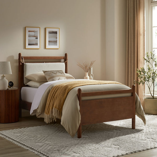 Modway Furniture Leni Twin Wood Platform Bed Fabric Panel Headboard Faux Leather Straps Warm Tones Walnut Heathered Ivory MOD-7309-WAL-HEI