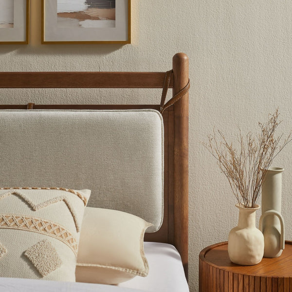 Modway Furniture Leni Twin Wood Platform Bed Fabric Panel Headboard Faux Leather Straps Warm Tones Walnut Heathered Ivory MOD-7309-WAL-HEI
