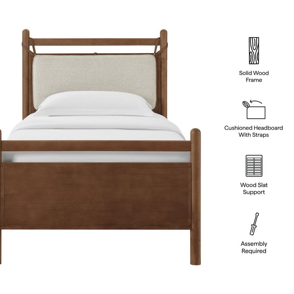Modway Furniture Leni Twin Wood Platform Bed Fabric Panel Headboard Faux Leather Straps Warm Tones Walnut Heathered Ivory MOD-7309-WAL-HEI
