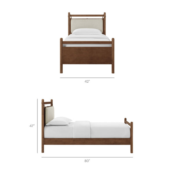 Modway Furniture Leni Twin Wood Platform Bed Fabric Panel Headboard Faux Leather Straps Warm Tones Walnut Heathered Ivory MOD-7309-WAL-HEI