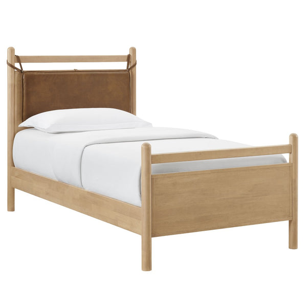 Modway Furniture Leni Twin Platform Bed Solid Wood Frame with Faux Leather Pillow Headboard Light Oak Canyon MOD-7310-LOA-CYN