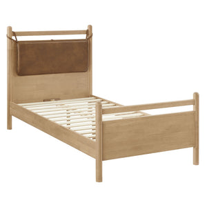 Modway Furniture Leni Twin Platform Bed Solid Wood Frame with Faux Leather Pillow Headboard Light Oak Canyon MOD-7310-LOA-CYN