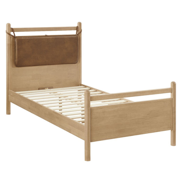 Modway Furniture Leni Twin Platform Bed Solid Wood Frame with Faux Leather Pillow Headboard Light Oak Canyon MOD-7310-LOA-CYN