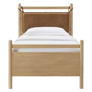 Modway Furniture Leni Twin Platform Bed Solid Wood Frame with Faux Leather Pillow Headboard Light Oak Canyon MOD-7310-LOA-CYN
