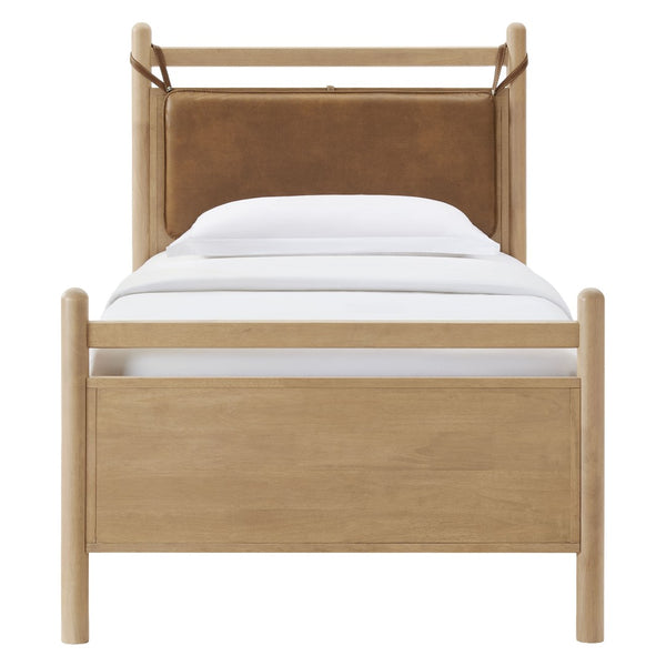 Modway Furniture Leni Twin Platform Bed Solid Wood Frame with Faux Leather Pillow Headboard Light Oak Canyon MOD-7310-LOA-CYN