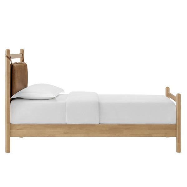 Modway Furniture Leni Twin Platform Bed Solid Wood Frame with Faux Leather Pillow Headboard Light Oak Canyon MOD-7310-LOA-CYN