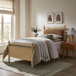 Modway Furniture Leni Twin Platform Bed Solid Wood Frame with Faux Leather Pillow Headboard Light Oak Canyon MOD-7310-LOA-CYN