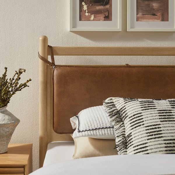Modway Furniture Leni Twin Platform Bed Solid Wood Frame with Faux Leather Pillow Headboard Light Oak Canyon MOD-7310-LOA-CYN