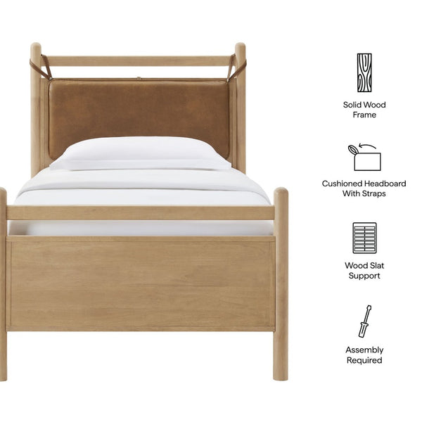 Modway Furniture Leni Twin Platform Bed Solid Wood Frame with Faux Leather Pillow Headboard Light Oak Canyon MOD-7310-LOA-CYN