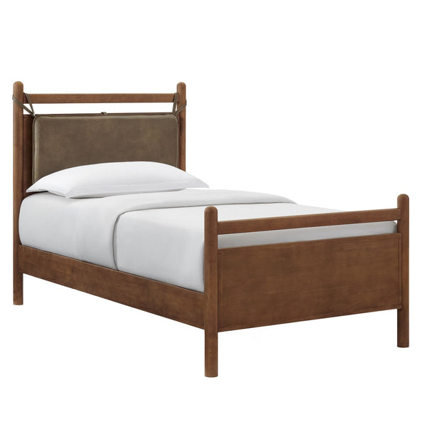 Modway Furniture Leni Twin Platform Bed Solid Wood Frame with Faux Leather Pillow Headboard Walnut Mushroom MOD-7310-WAL-MUS
