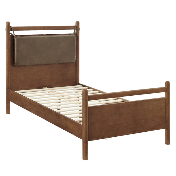 Modway Furniture Leni Twin Platform Bed Solid Wood Frame with Faux Leather Pillow Headboard Walnut Mushroom MOD-7310-WAL-MUS