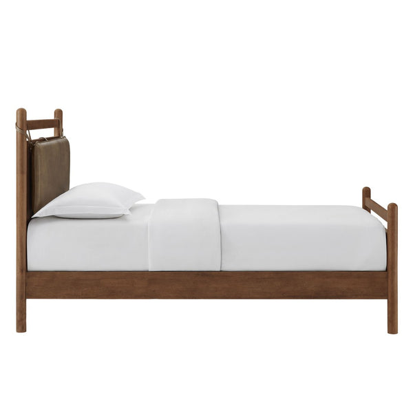 Modway Furniture Leni Twin Platform Bed Solid Wood Frame with Faux Leather Pillow Headboard Walnut Mushroom MOD-7310-WAL-MUS