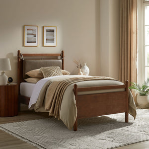 Modway Furniture Leni Twin Platform Bed Solid Wood Frame with Faux Leather Pillow Headboard Walnut Mushroom MOD-7310-WAL-MUS