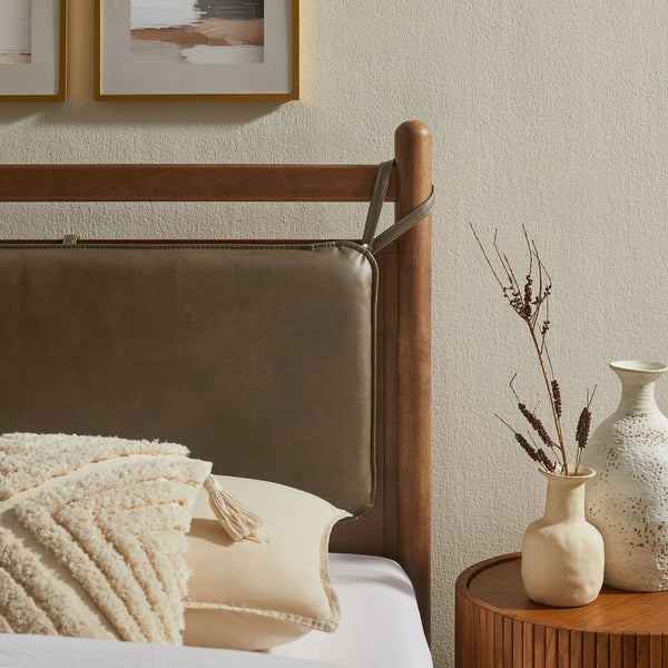 Modway Furniture Leni Twin Platform Bed Solid Wood Frame with Faux Leather Pillow Headboard Walnut Mushroom MOD-7310-WAL-MUS