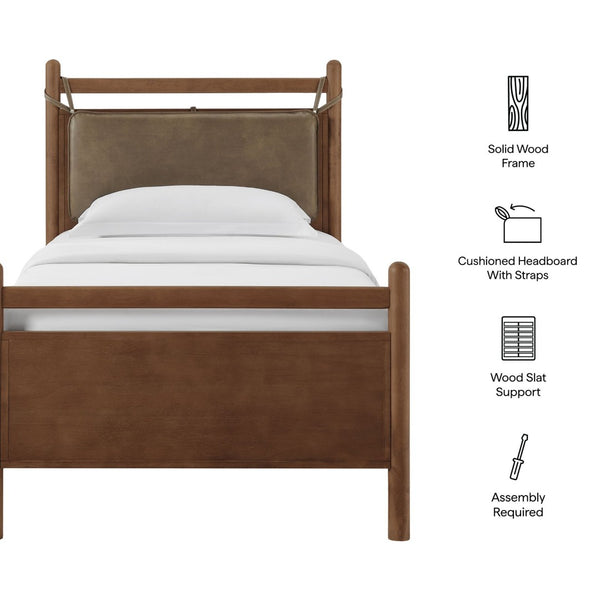 Modway Furniture Leni Twin Platform Bed Solid Wood Frame with Faux Leather Pillow Headboard Walnut Mushroom MOD-7310-WAL-MUS