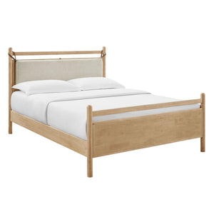 Modway Furniture Leni Solid Wood Full Platform Bed Organic Curved Frame with Upholstered Fabric Headboard Light Oak Heathered Ivory MOD-7311-LOA-HEI