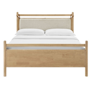 Modway Furniture Leni Solid Wood Full Platform Bed Organic Curved Frame with Upholstered Fabric Headboard Light Oak Heathered Ivory MOD-7311-LOA-HEI
