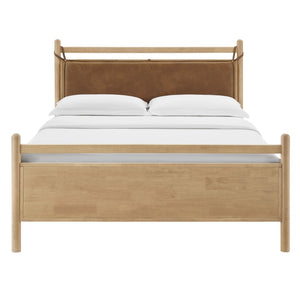 Modway Furniture Leni Modway Full Platform Bed Solid Wood Frame with Suspended Faux Leather Pillow Headboard Light Oak Canyon MOD-7312-LOA-CYN