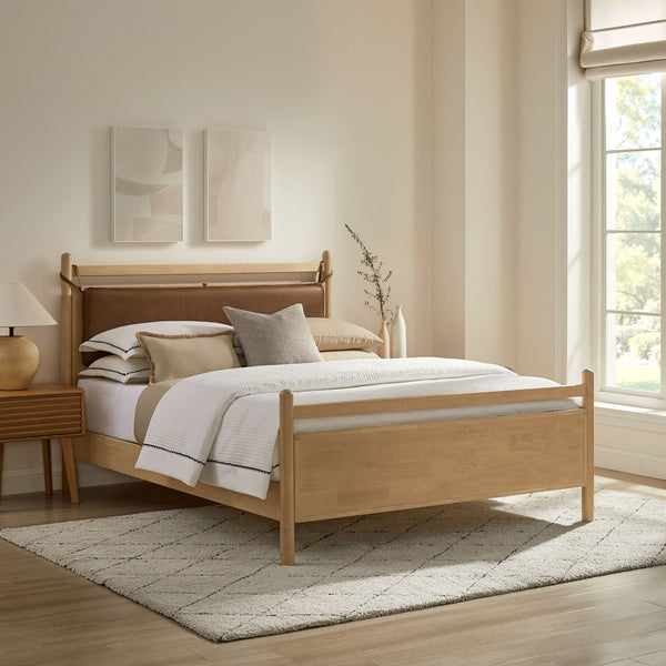 Modway Furniture Leni Modway Full Platform Bed Solid Wood Frame with Suspended Faux Leather Pillow Headboard Light Oak Canyon MOD-7312-LOA-CYN