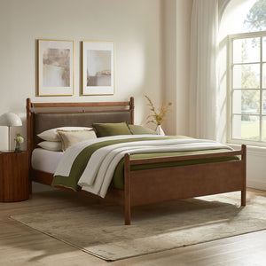 Modway Furniture Leni Modway Full Platform Bed Solid Wood Frame with Suspended Faux Leather Pillow Headboard Walnut Mushroom MOD-7312-WAL-MUS