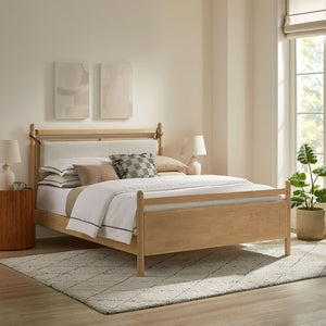 Modway Furniture Leni Modway Queen Platform Bed Solid Wood Frame with Suspended Fabric Pillow Headboard Light Oak Heathered Ivory MOD-7313-LOA-HEI