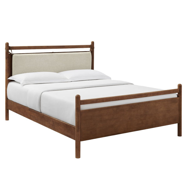 Modway Furniture Leni Modway Queen Platform Bed Solid Wood Frame with Suspended Fabric Pillow Headboard Walnut Heathered Ivory MOD-7313-WAL-HEI
