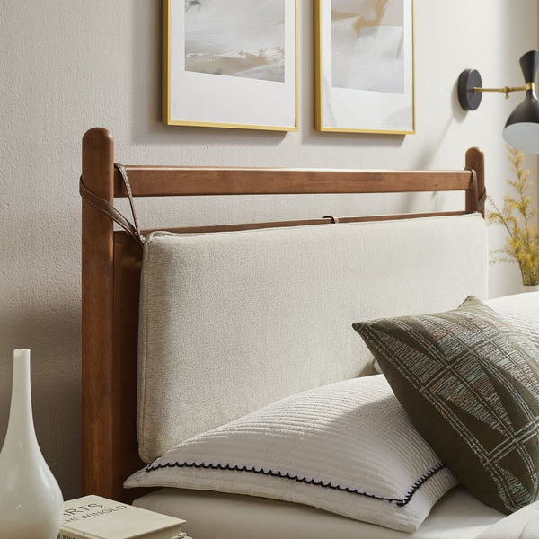 Modway Furniture Leni Modway Queen Platform Bed Solid Wood Frame with Suspended Fabric Pillow Headboard Walnut Heathered Ivory MOD-7313-WAL-HEI