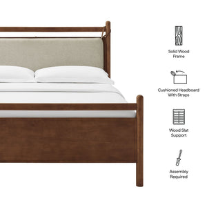 Modway Furniture Leni Modway Queen Platform Bed Solid Wood Frame with Suspended Fabric Pillow Headboard Walnut Heathered Ivory MOD-7313-WAL-HEI