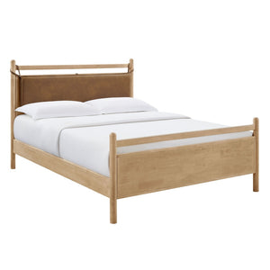 Modway Furniture Leni Queen Platform Bed Solid Wood Frame with Faux Leather Pillow Headboard Light Oak Canyon MOD-7314-LOA-CYN